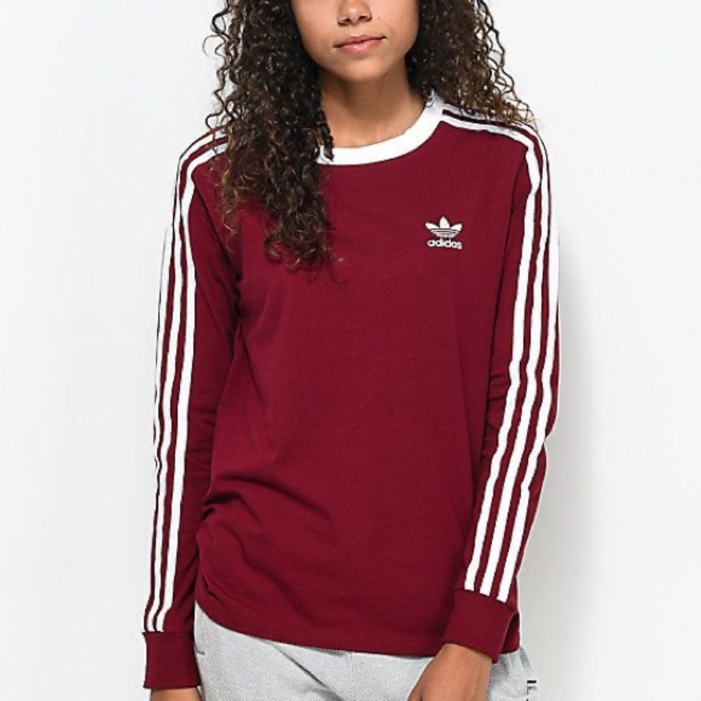 NWT Adidas Classic 3 Stripe Long Sleeve Tee, Maroon, Size Large